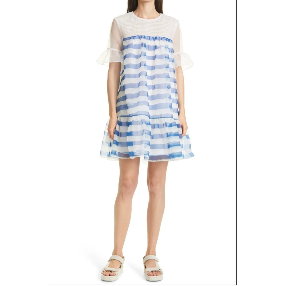 Staud Florence XS Mini Dress Blue White Striped Smocked Yoke Sheer Ruffle